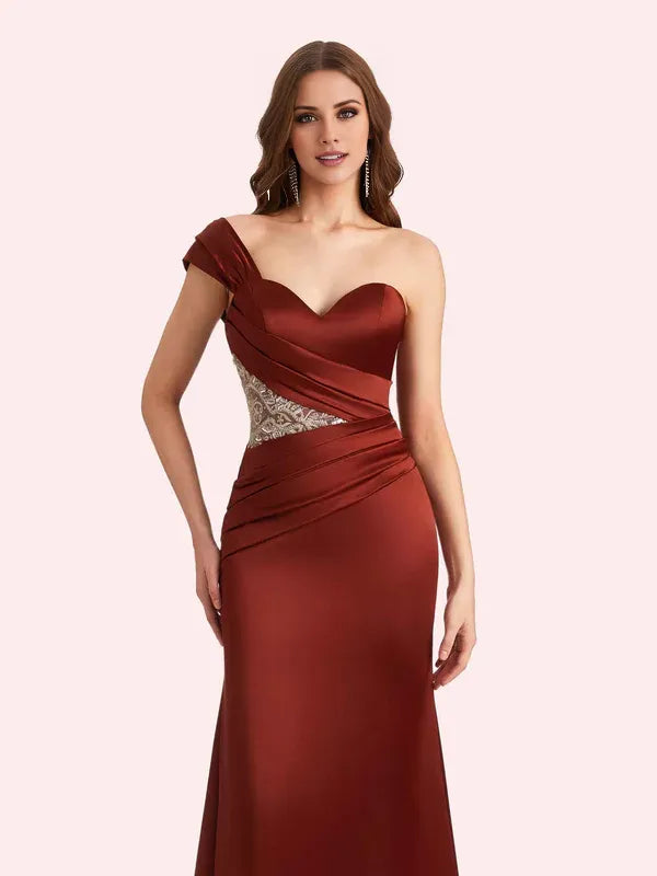 Vestido Weitese elegante de un hombro sin mangas estilo sirena suave satén maxi vestido de madrina para boda vestido de fiesta
